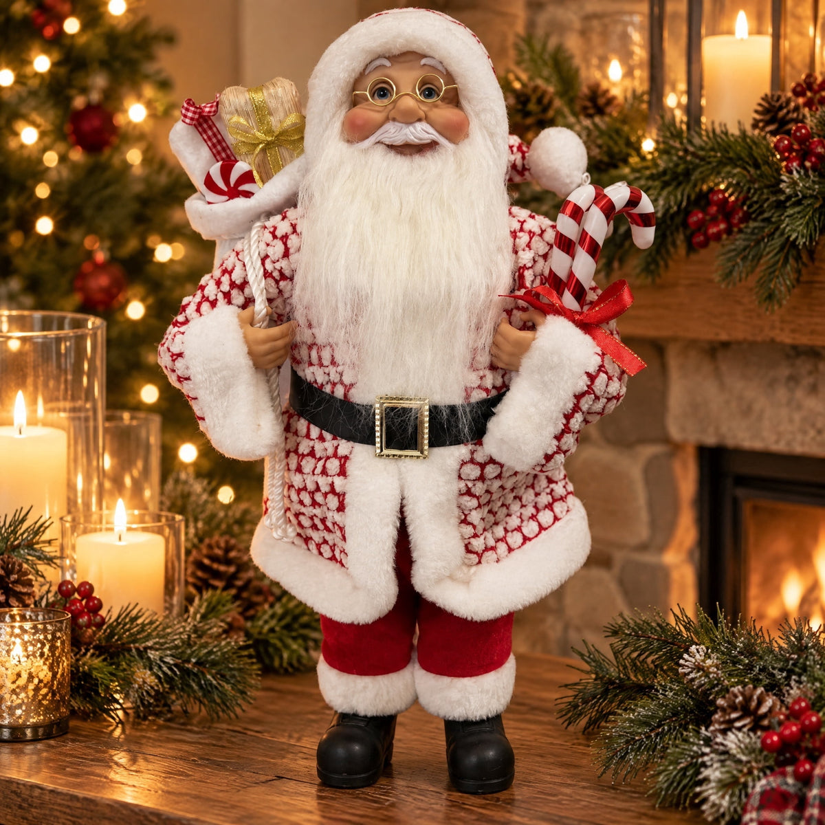 Santa with Glasses, Candy Cane and Gift Sack Christmas Decoration, Red and White, 18", by Holiday Time
