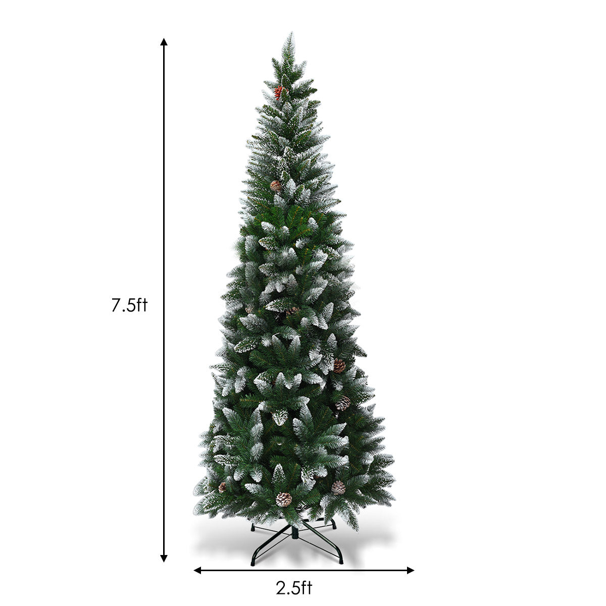 Topbuy 7.5'Artificial Pencil Christmas Tree Snow Flocked Tree w/ Pine Cones and Metal stand
