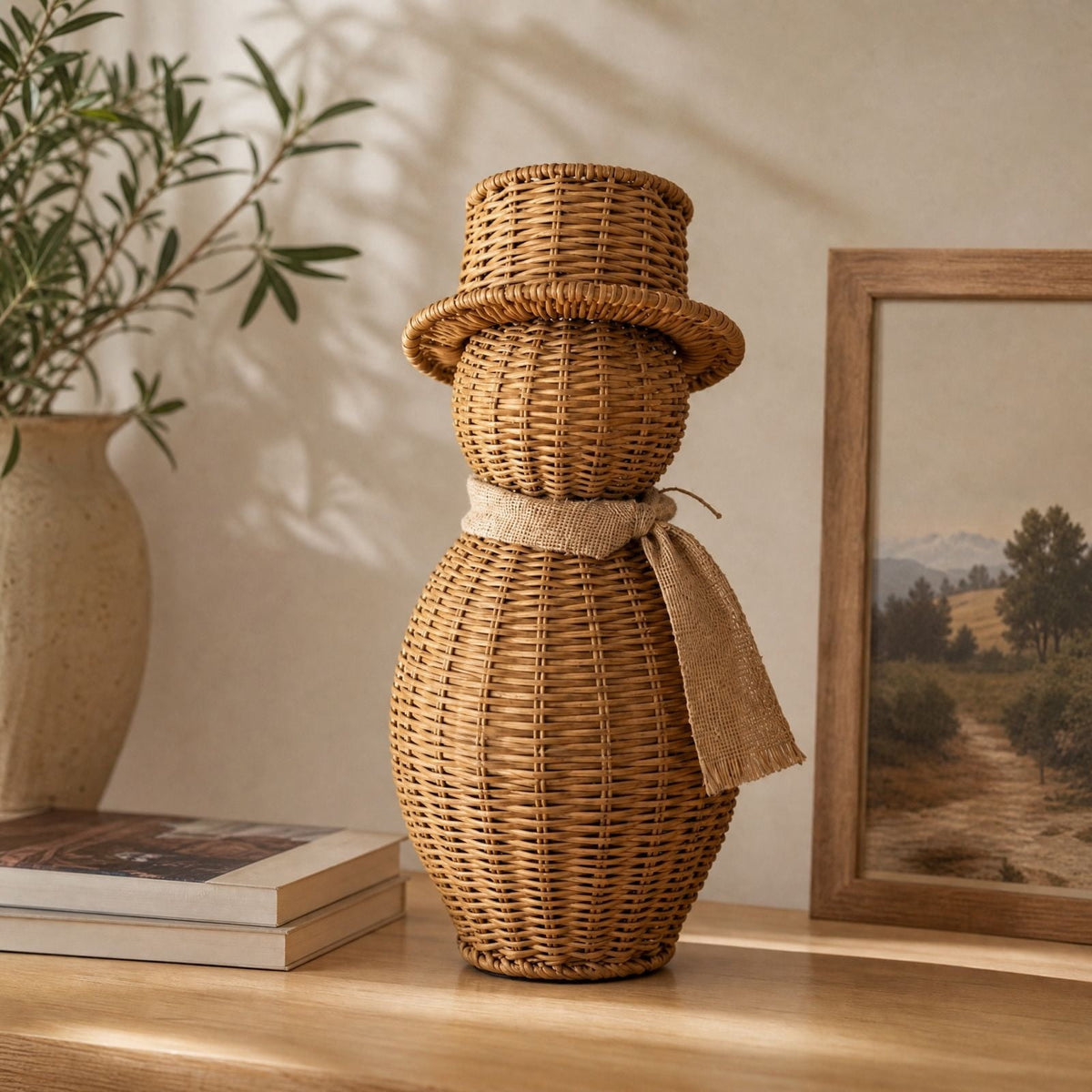 FeiBiQiuBi 14.9" Resin Rattan Style Snowman, Rustic Snowman Decorations with Bow, Woven Natural Style Freestanding Design Winter Farmhouse Decor for Home Kitchen Garden, Holiday Table Mantel Decor
