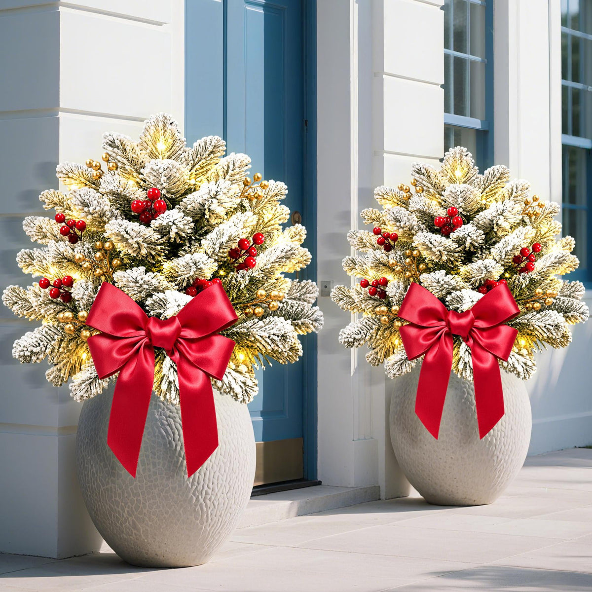 2PK Prelit Outdoor Christmas Trees Christmas Urn Pot Filler Snow Flocked Lighted Christmas Trees with 100 LED Warm White/Colorful Lights Timer 8 Modes for Front Door Porch Christmas Decoration