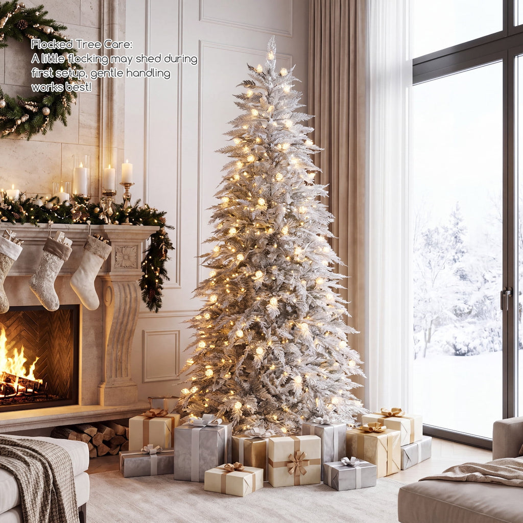 Costway 7 ft Flocked Cypress Christmas Tree with 710 Full PE Branch Tips, 350 LED Lights Sparse-Style White