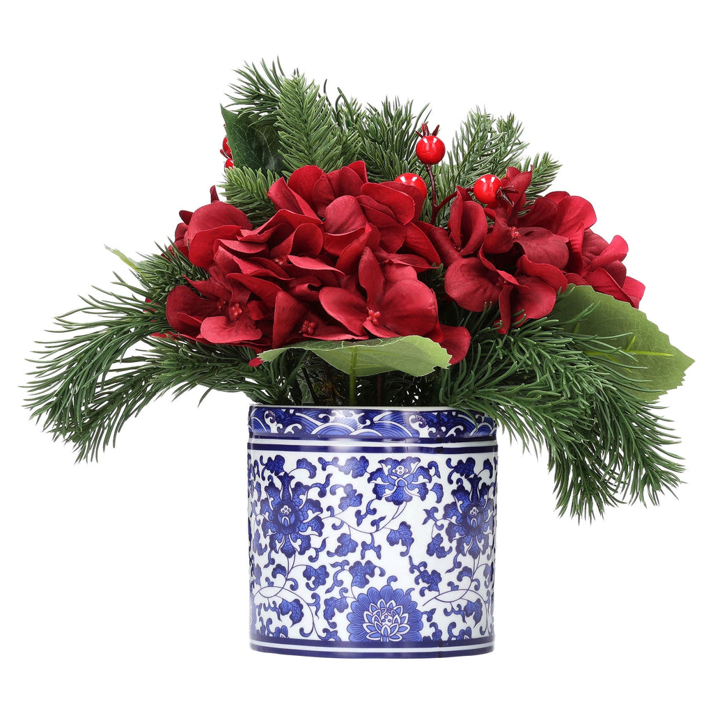 My Texas House Hydrangea Christmas Floral Arrangement in Ceramic Pot, Multicolor, 11"