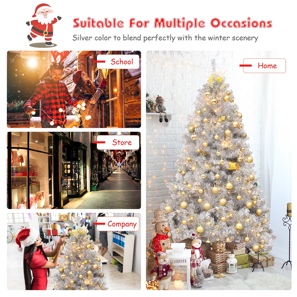 Costway 6Ft Hinged Unlit Artificial Silver Tinsel Christmas Tree Holiday w/Metal Stand
