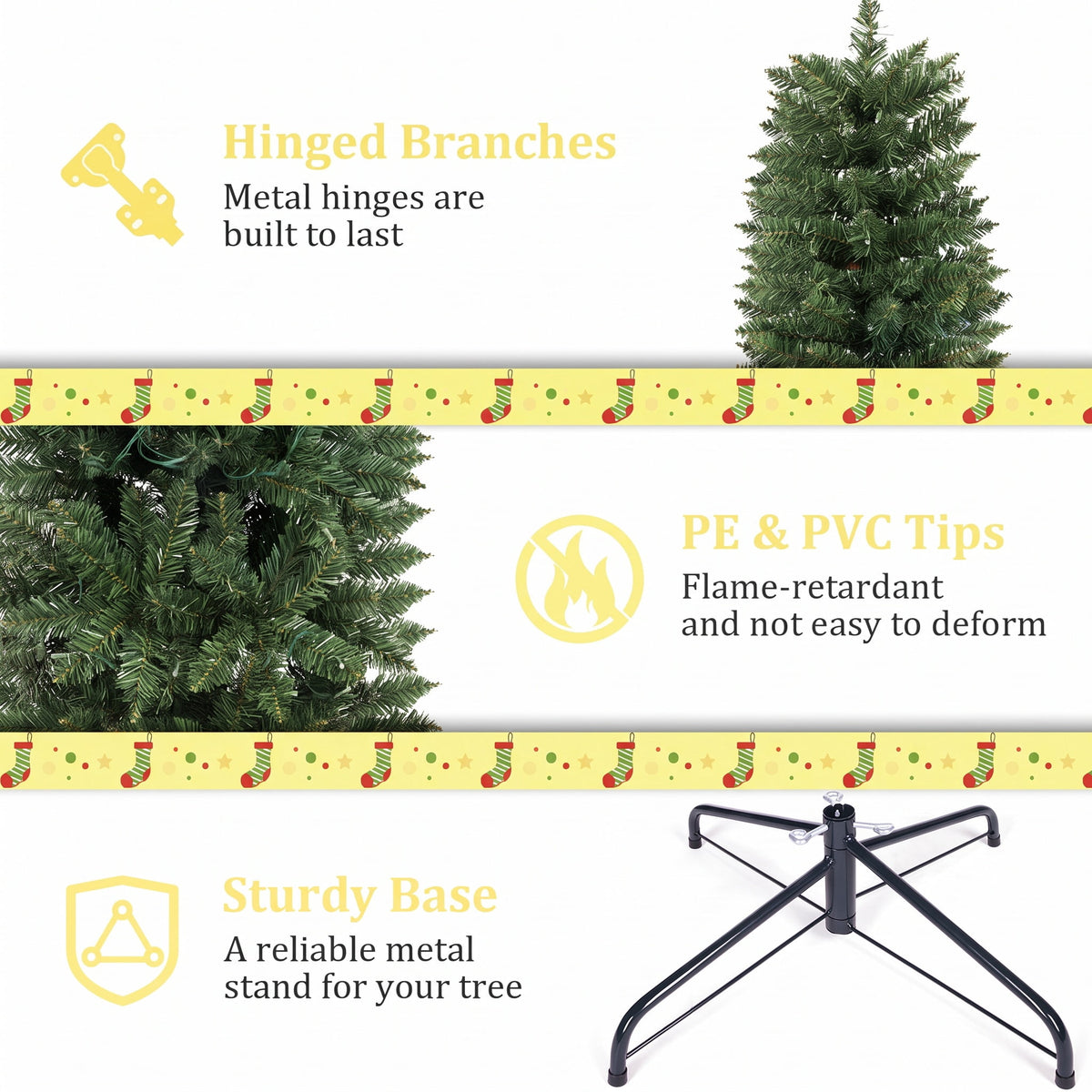 Legooin 7.5FT Pre-lit Artificial Christmas Tree with 1300 Branch Tips + 400 Multicolored Lights, 3-Section Easy Assembly Xmas Tree with Metal Stand for Indoor Outdoor Holiday Decor, Green
