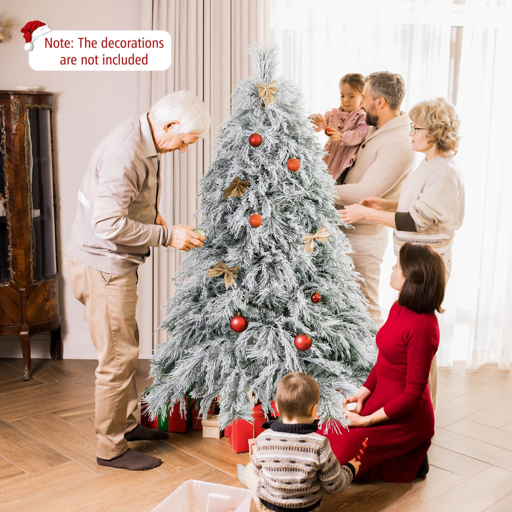 Costway 7 ft Flocked Cypress Christmas Tree with 710 Full PE Branch Tips, 350 LED Lights Sparse-Style White