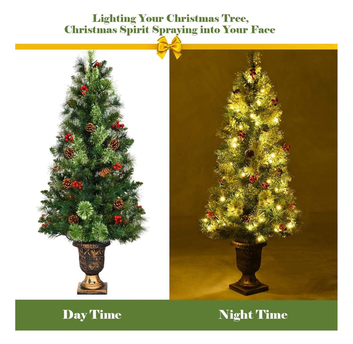 Ranyuaxu 3ft Prelit Pathway Christmas Tree with 40 LED Lights, Artificial Christmas Tree with Metal Stand, 100 Branch Tips, Pine Cones and Red Berries, Entrance Tree for Indoor and Outdoor Decoration