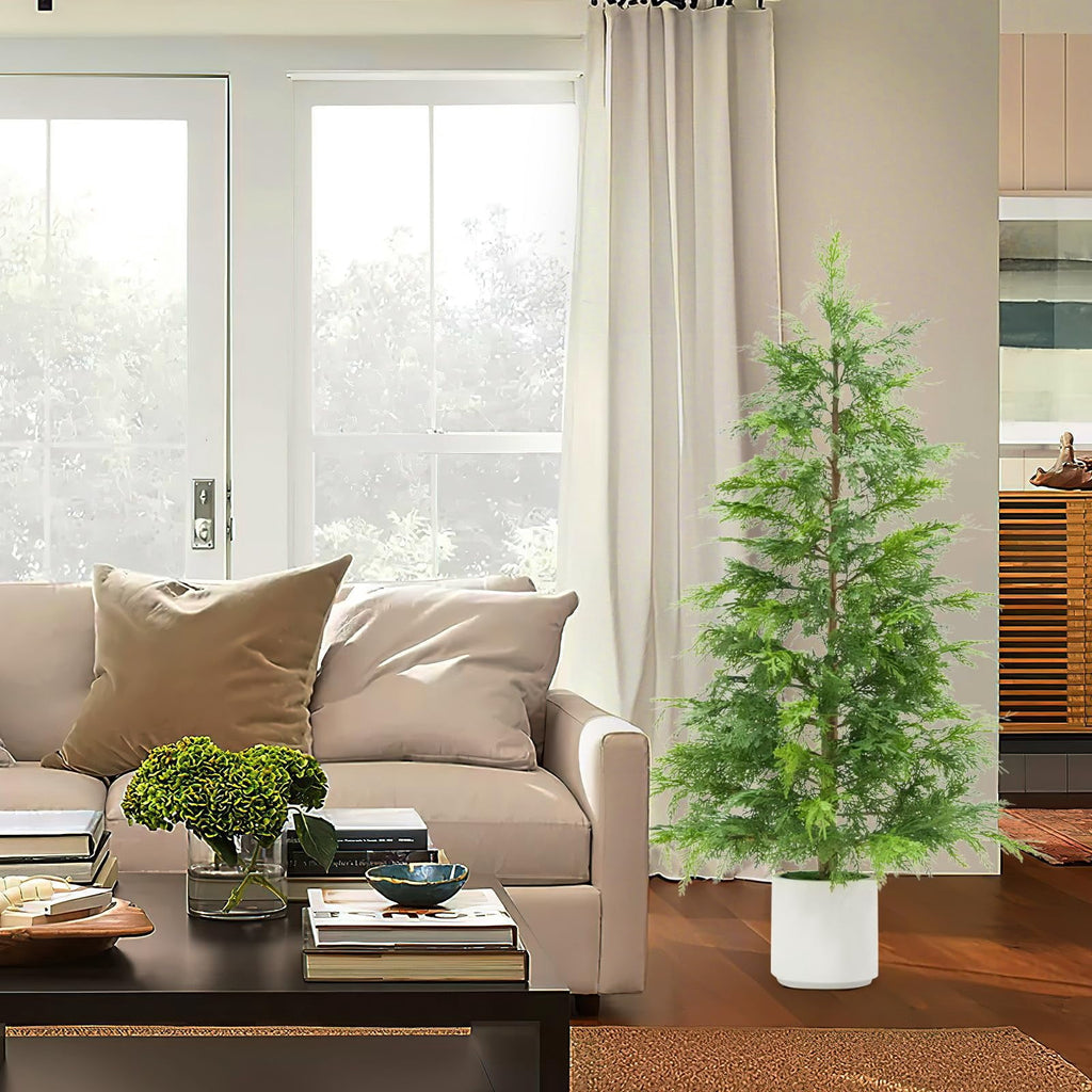 2 Pack 4Ft Artificial Cedar Topiary Trees for Front Porch Decor, Artificial Christmas Tree, Uv Rated Potted Plants, FauxPlants for Entryway, Living Room, Office, Apartment
