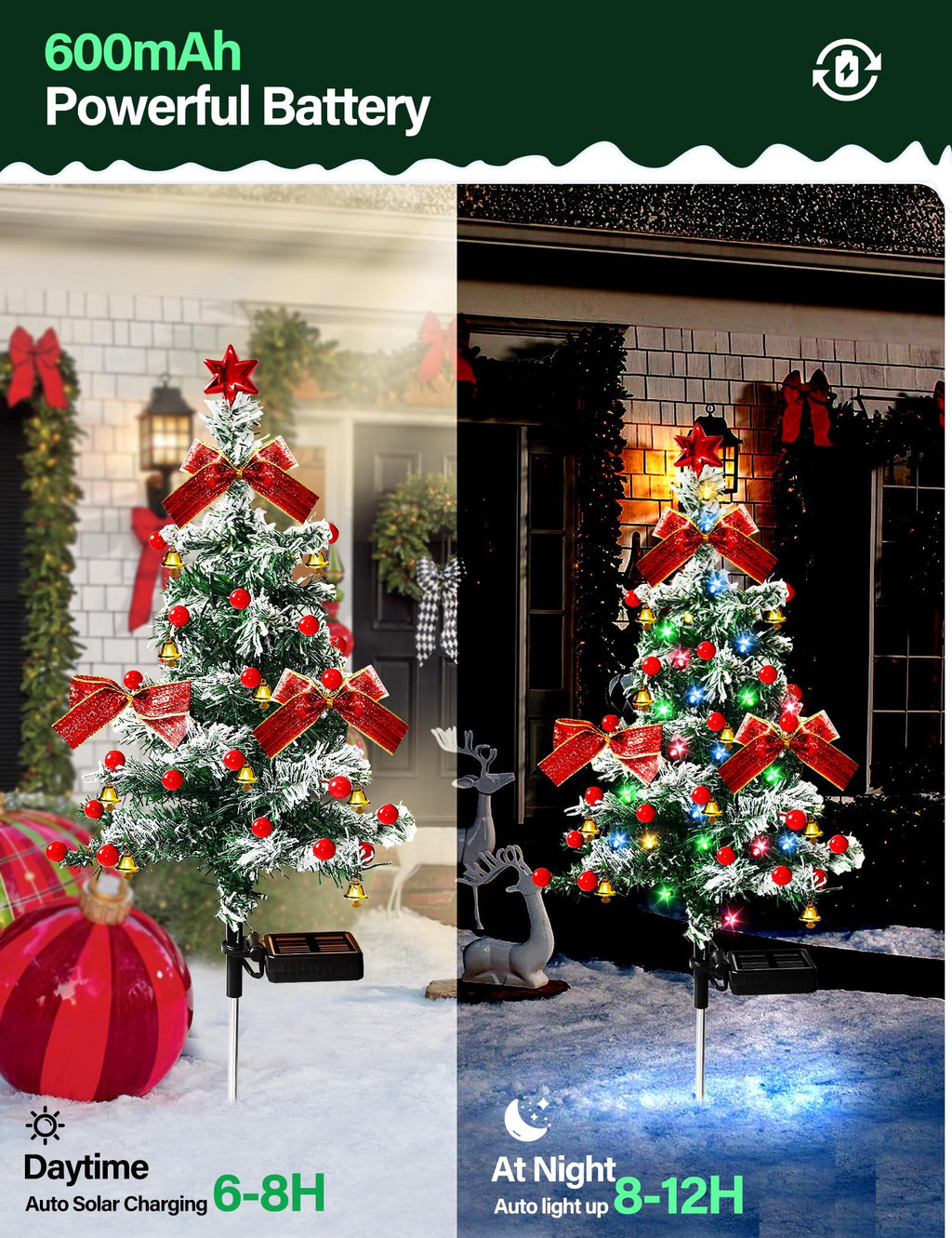 COCOBELA 2PCS Solar Christmas Trees Lights Outdoor Decor Waterproof, 40LED Small Metal Xmas Tree Pathway Lights, Garden Stake Lights Yard Decor with Snow 2 Modes for Path Lawn Patio