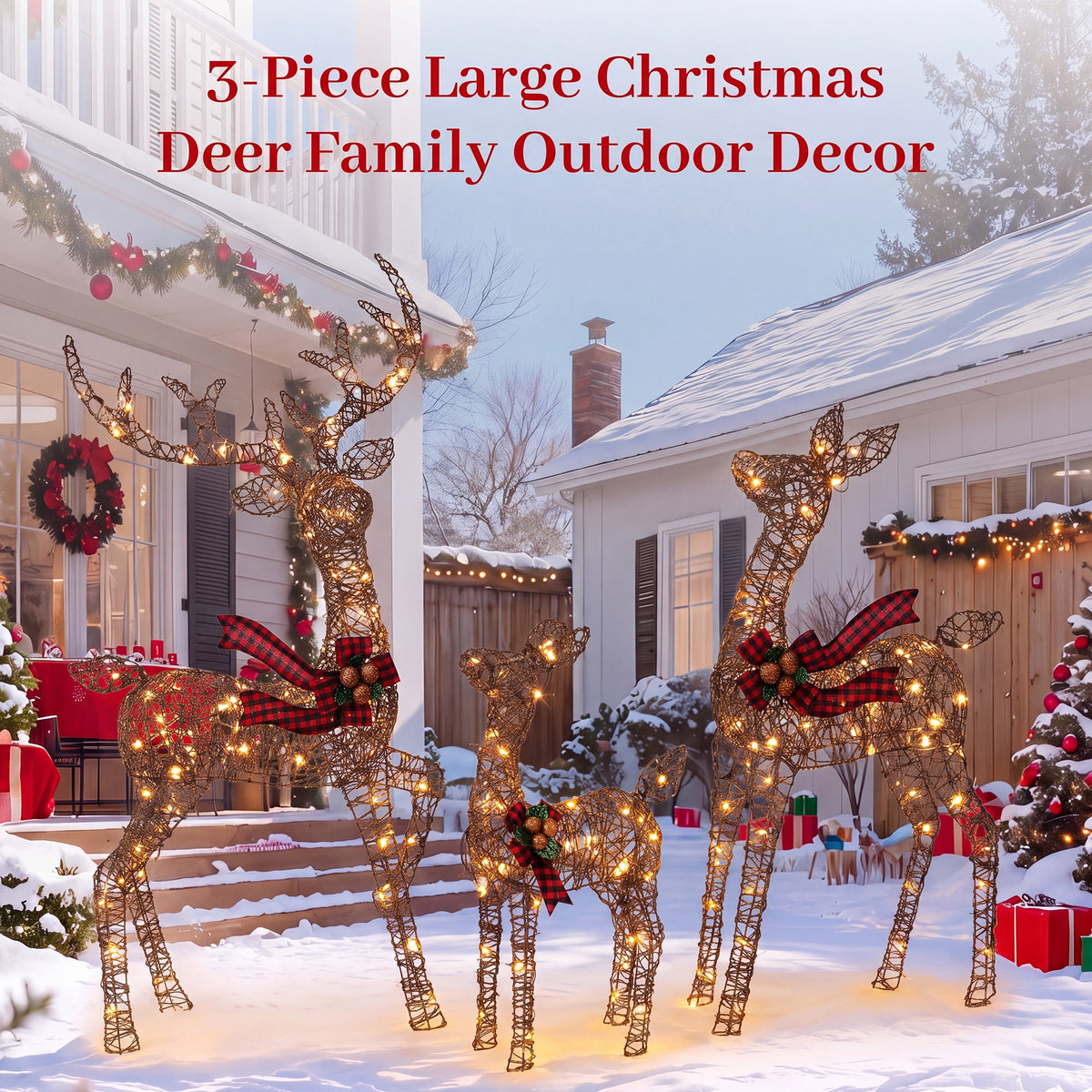 FOOWIN 3-Piece Large Christmas Deer Family, Lighted Outdoor Christmas Decoration, Champagne Gold