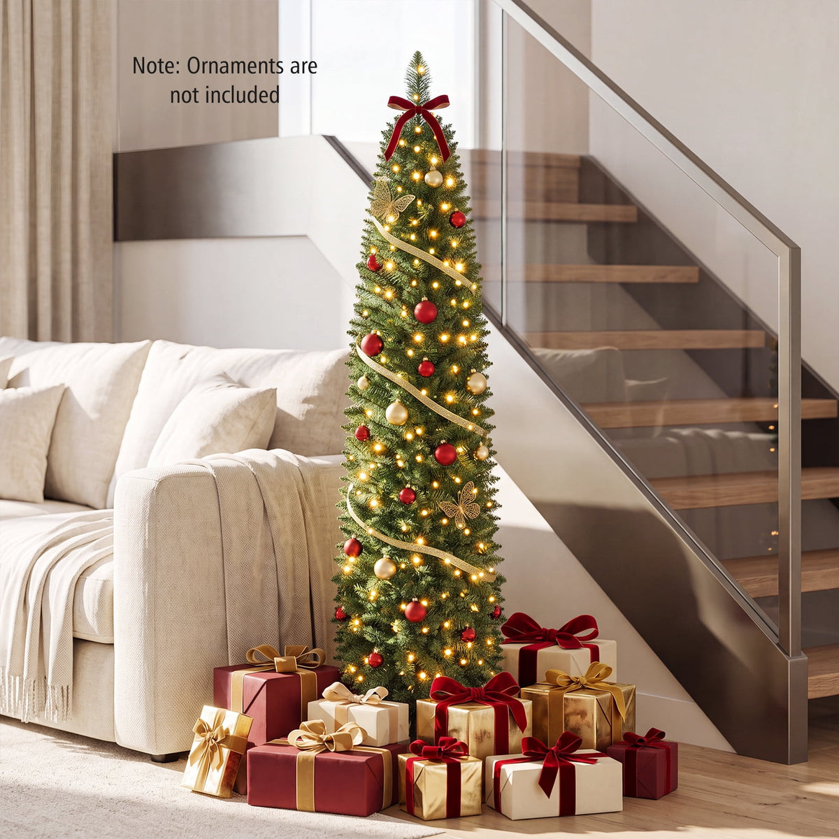 Costway 5 FT Pre-Lit Pencil Christmas Tree with 150 LED Lights & 296 Branch Tips Party