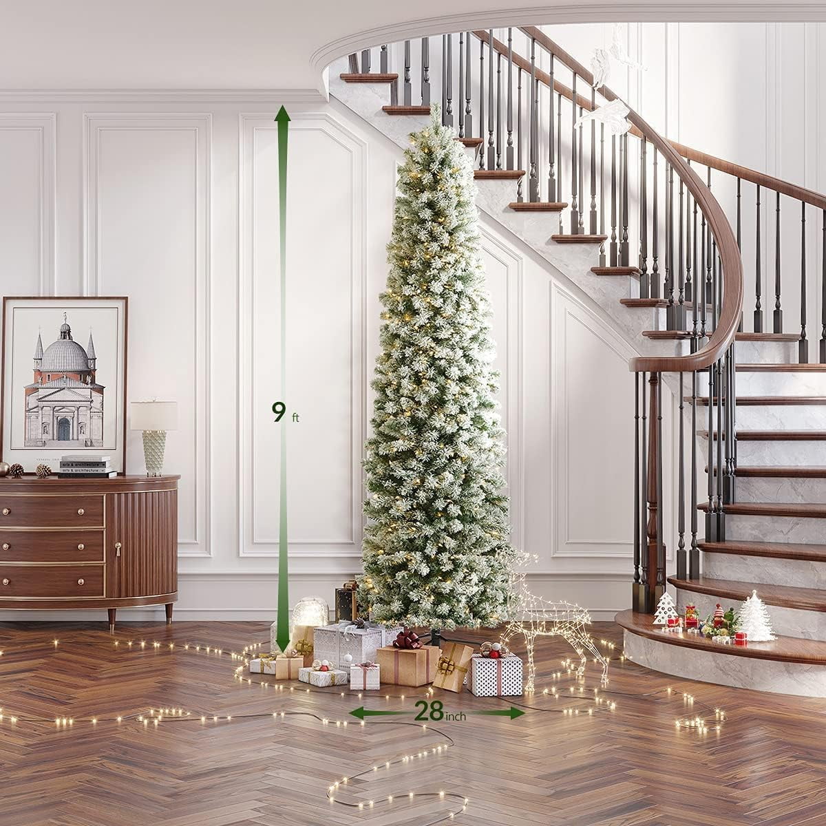 OasisCraft 9ft Pre-Lit Snow Flocked Artificial Pencil Christmas Tree with 450 Clear Lights, Hinged Snowy Slim Xmas Tree Outdoor for Festive Holiday Decor