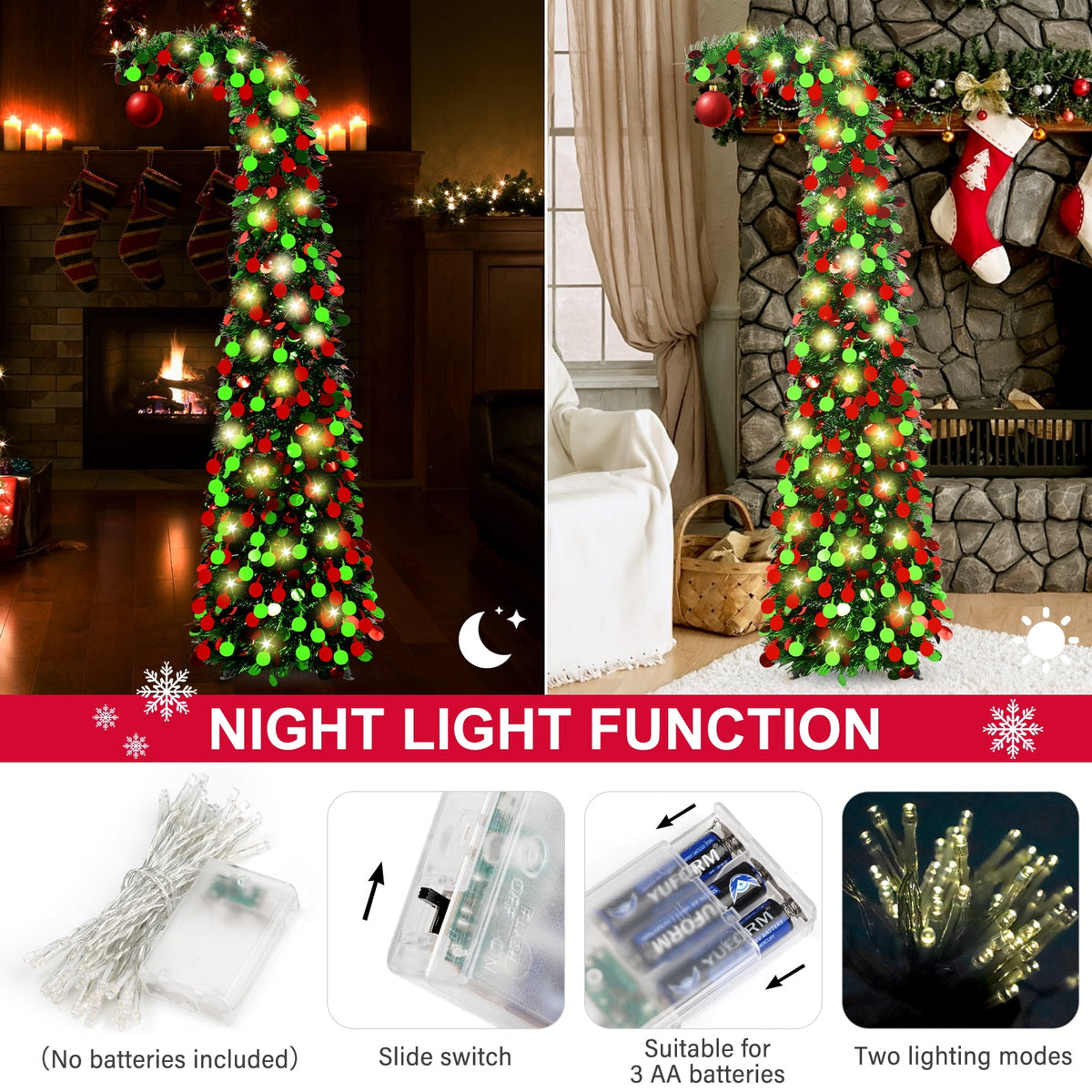 Ayieyill 5ft Pencil Christmas Tree, Collapsible Xmas Tree with Lights, Pop Up Tinsel Tree for Christmas Decorations Indoor, Pink White