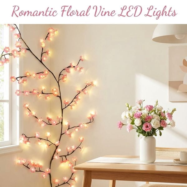 48LED/3.94FT Cherry Blossom Vine Lights with Remote Control, 8 Lighting Modes for Bedroom Wall and Indoor Decor