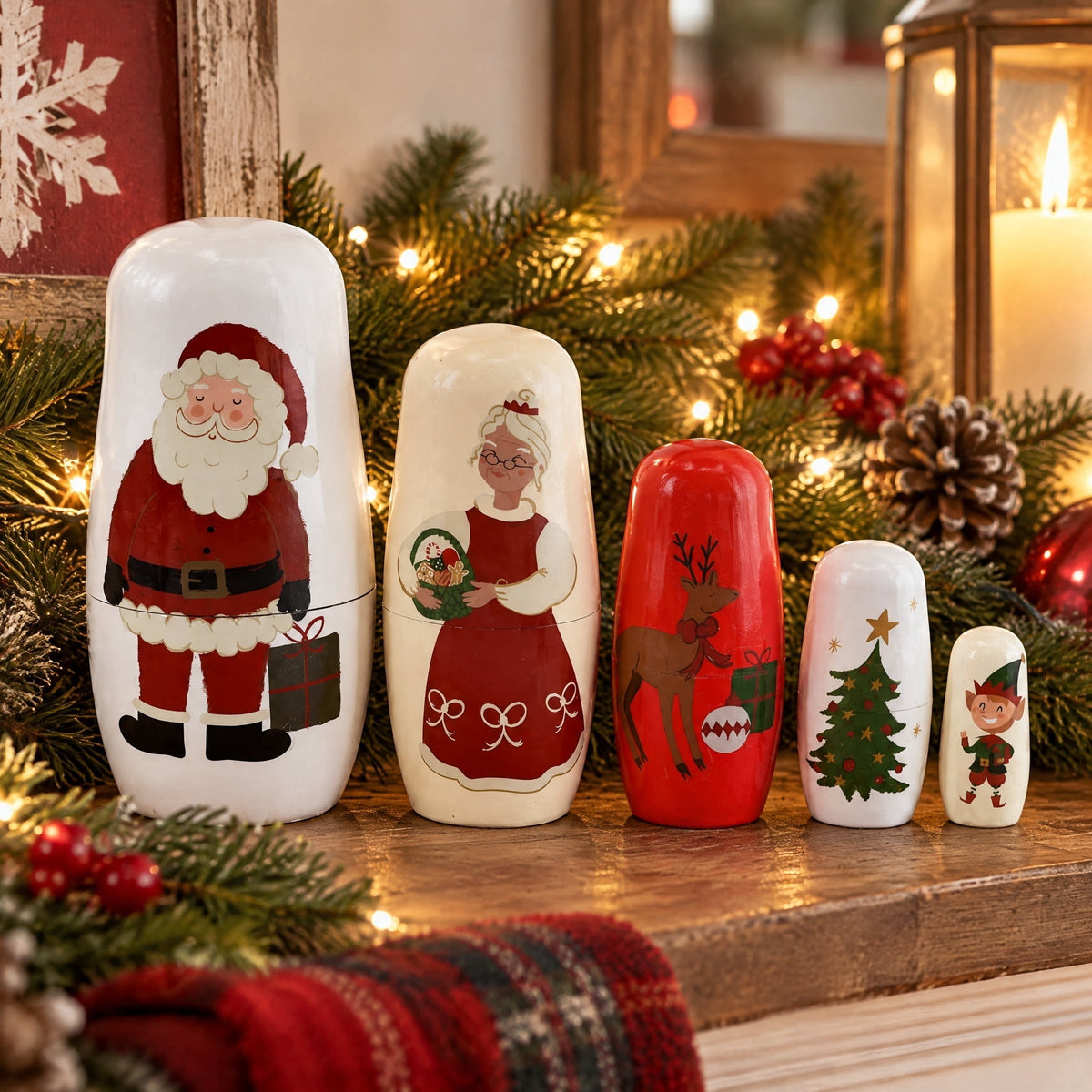 Wood Nested Christmas Decoration, Multicolor, 5 Pieces, 6.5", by Holiday Time
