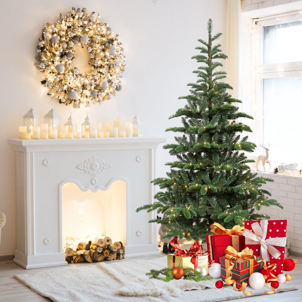 Mayhihi 7FT Pre-Lit Artificial Full Christmas Tree with 400 Lights, Hinged Premium 941 PE & PVC Mixed Branch Tips, Wooden Base, Green