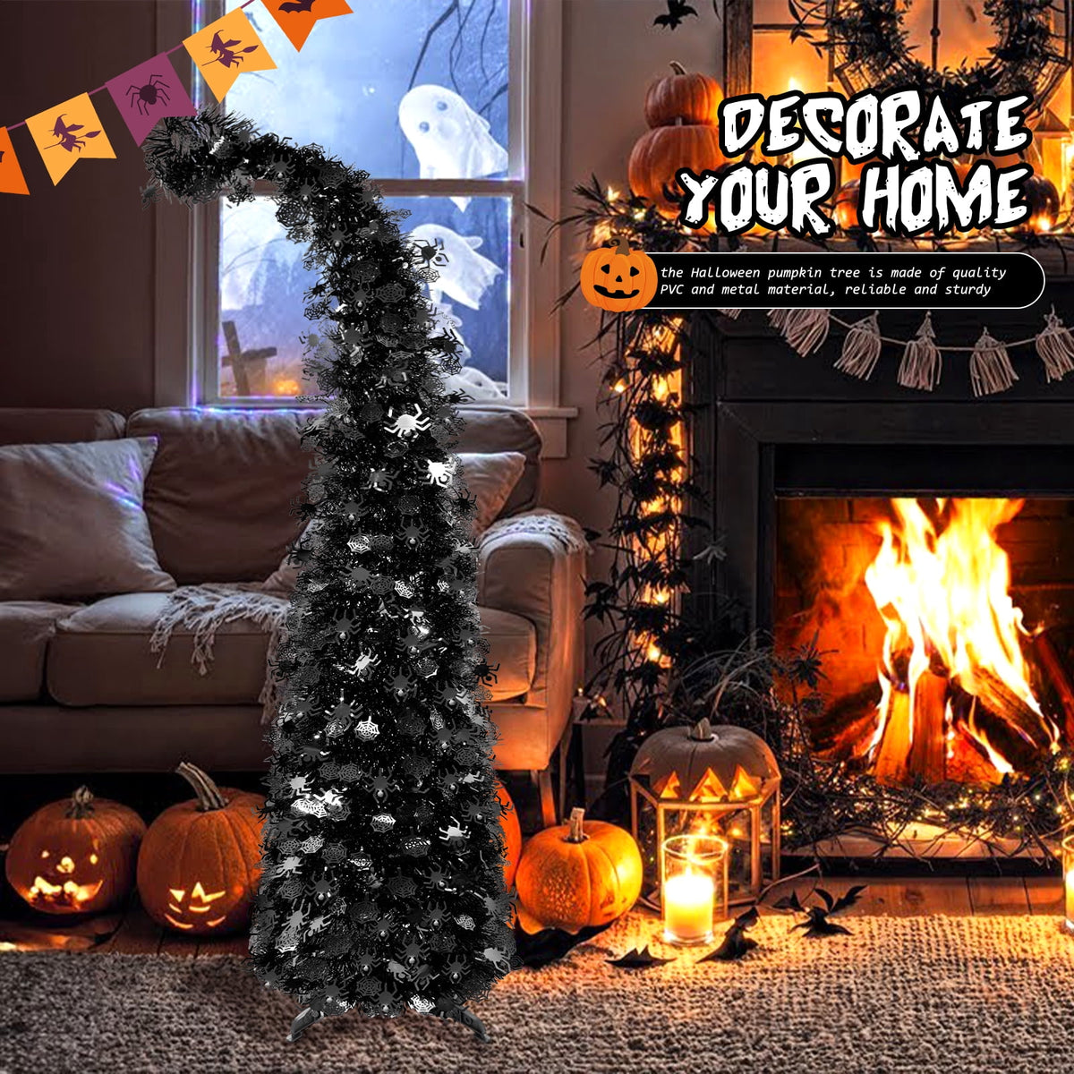 Ayieyill 5ft Halloween Tree Prelit, Pencil Pop up Tree with Light Halloween Decoration | Indoor | Black