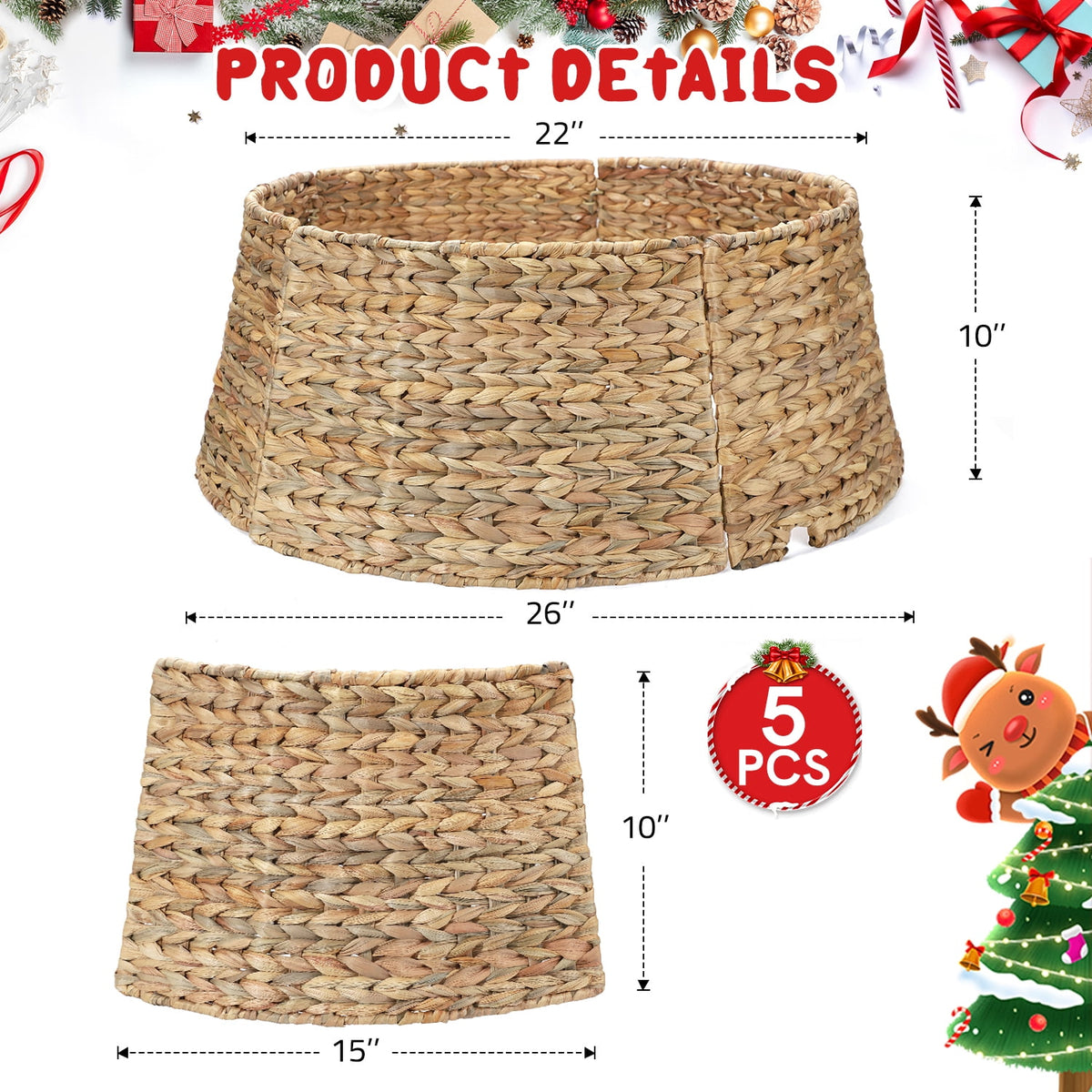 Ayieyill 26in Woven Hyacinth Christmas Tree Collar, Christmas Tree Decorations, Tree Skirt Accessory w/ Cord Cut-Out | Natural