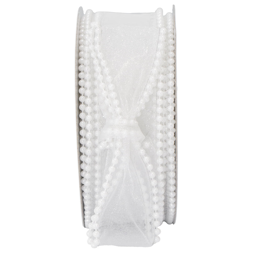 My Texas House White Beaded Sheer Christmas Ribbon, 1.5" x 15'