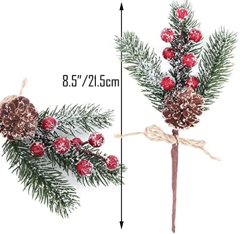 10 Piece Artificial Christmas Tree Picks 8 Inch Frosted Pine Branches Red Holly Berries