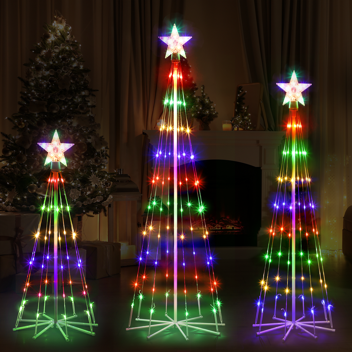 BTY KA 3-piece LED outdoor Christmas tree light show decoration, external lighting conical Christmas decoration with star decoration, courtyard porch backyard terrace,3 feet 4 feet 5 feet