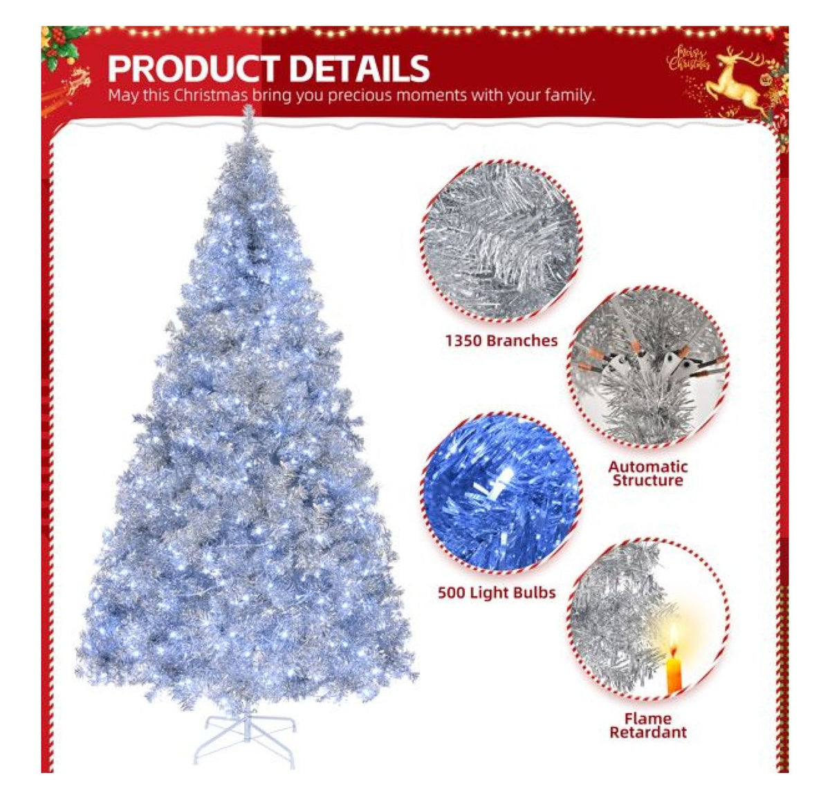 8ft Pre-Lit Silver Christmas Tree, 1350 Tips, 500 Lights, Hinged Xmas Pine Tree with Remote, Indoor Holiday Decorations