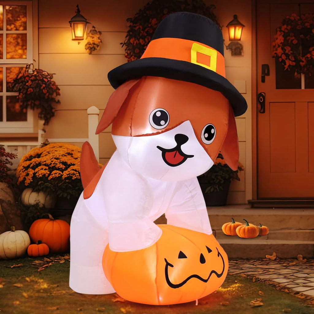 GOOSH 5.2 FT Tall Thanksgiving Inflatables Dog with Pilgrim Hat, Cute Puppy Standing on Pumpkin with Pilgrim Hat with Built-in LEDs, Outdoor Thanksgiving Inflatables Clearance for Garden Party Decor
