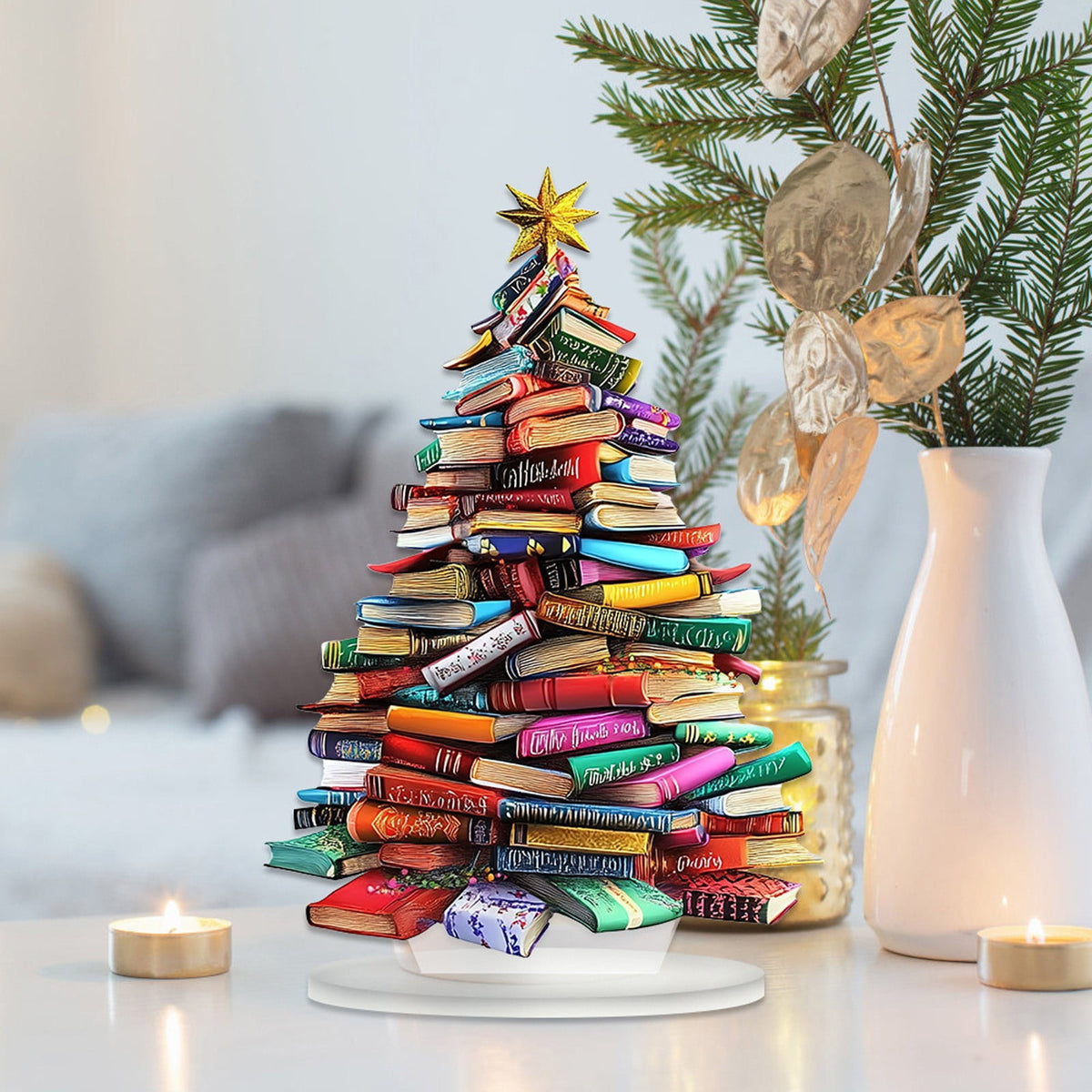 Stack of Books Christmas Trees Tabletop Decor Rustic Acrylic Flat Christmas Trees Xmas Centerpieces Table Wooden Signs Farmhouse Table Home Decor for Winter Home Office Farmhouse