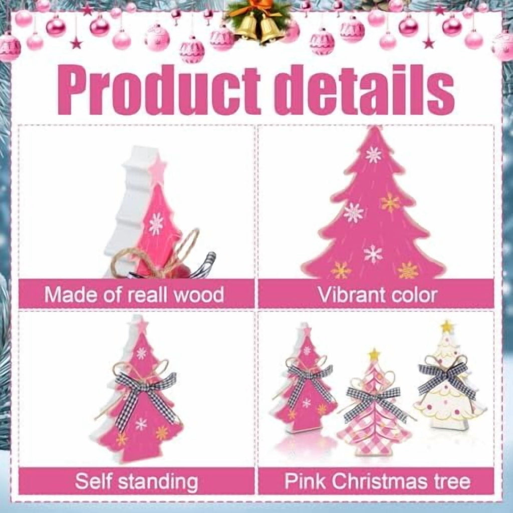 3 Piece Pink Wooden Christmas Tree Tabletop Decorations Rustic Farmhouse Holiday Centerpieces