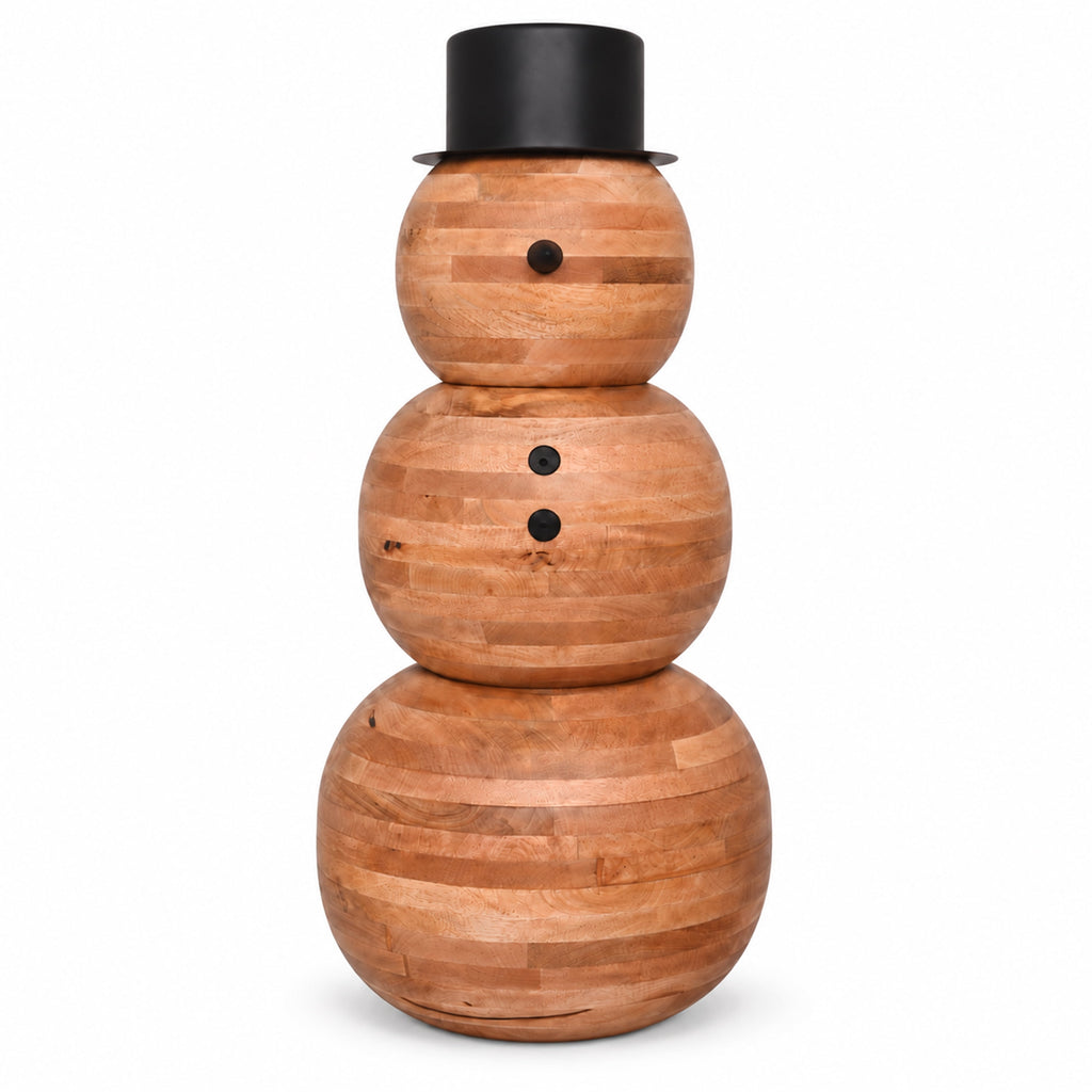 Holiday Time Wood Decorative Snowman with Black Metal Hat, Natural Finish, Christmas Outdoor Porch Decor, 34 in