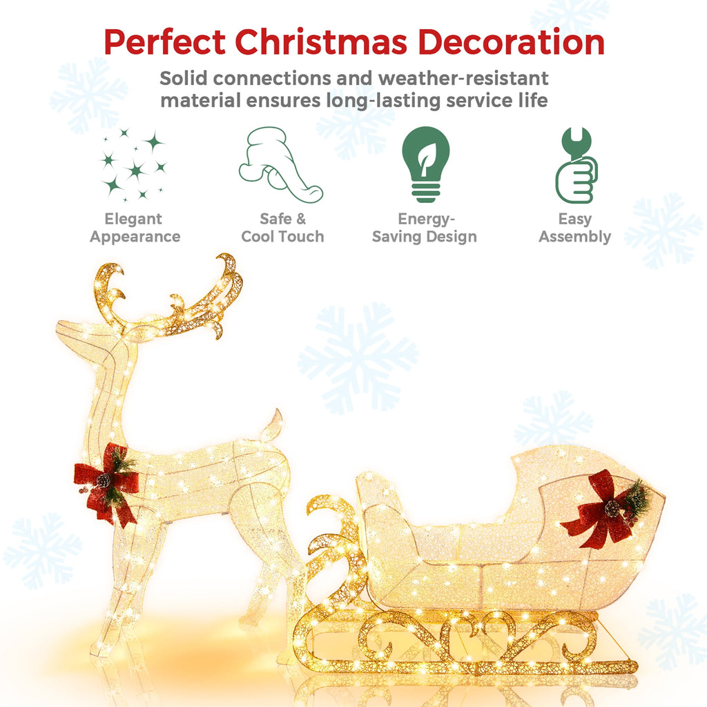 Costway 6 FT Christmas Lighted Reindeer & Santa's Sleigh W/ 215 LED Lights & 4 Stakes Gold