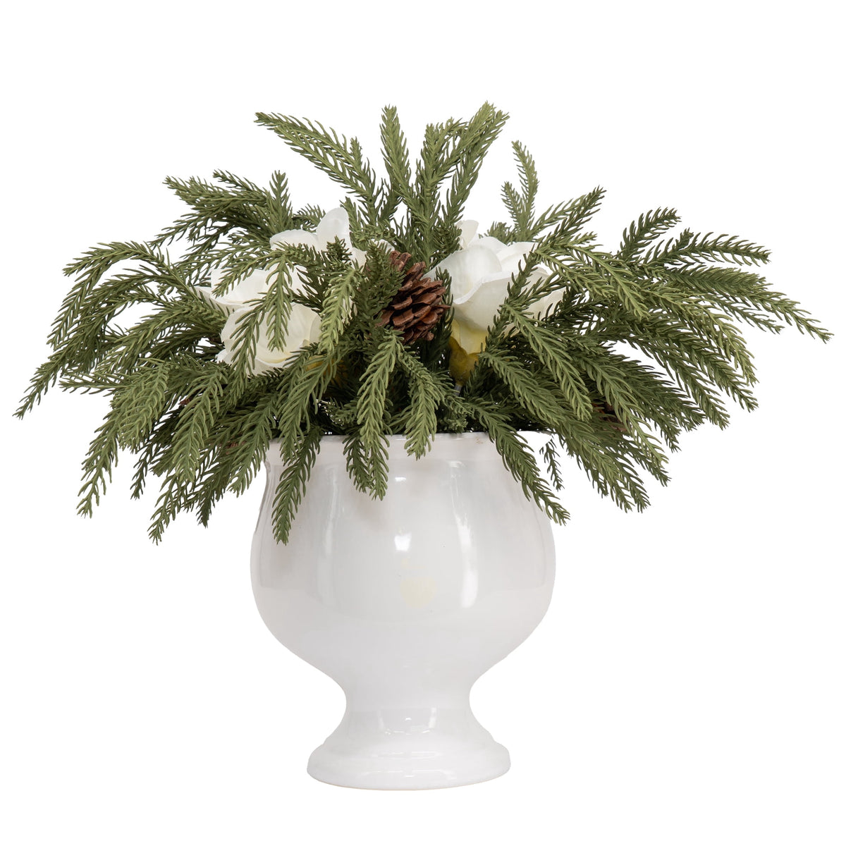 My Texas House Evergreen, Pinecone, and Magnolia Christmas Arrangement in Pot, Green and White, 15"