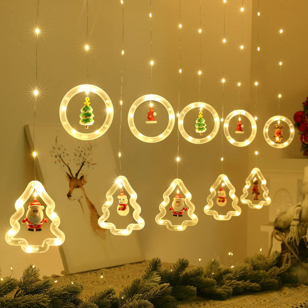 WILLED Christmas String Lights, 120 LED Window Curtain Lights with Christmas Ornaments, 9.8ft USB Powered Warm White Waterproof Fairy Lights Indoor Outdoor for Xmas Tree Patio Garden Party Home Decor