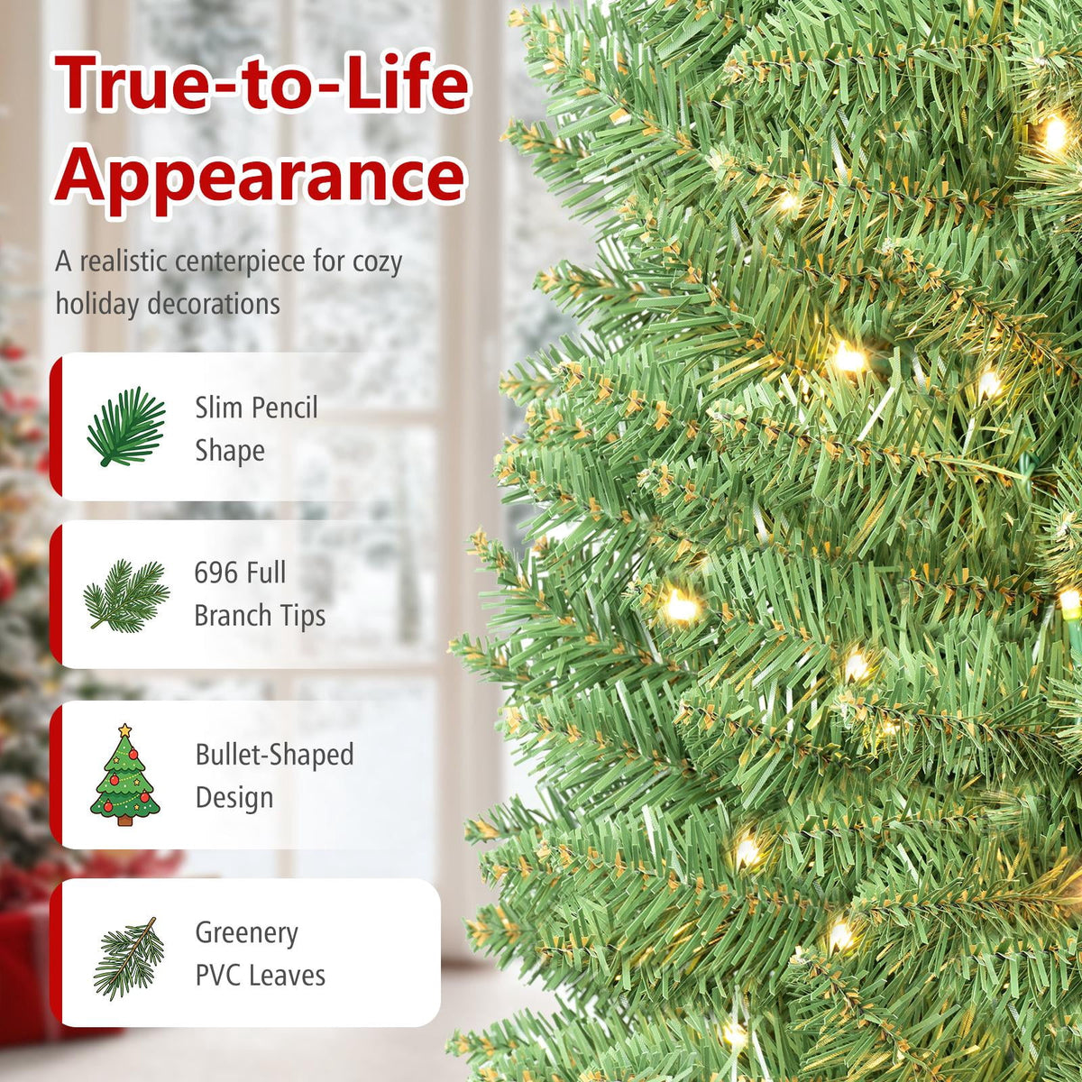 Costway 5 FT Pre-Lit Pencil Christmas Tree with 150 LED Lights & 296 Branch Tips Party