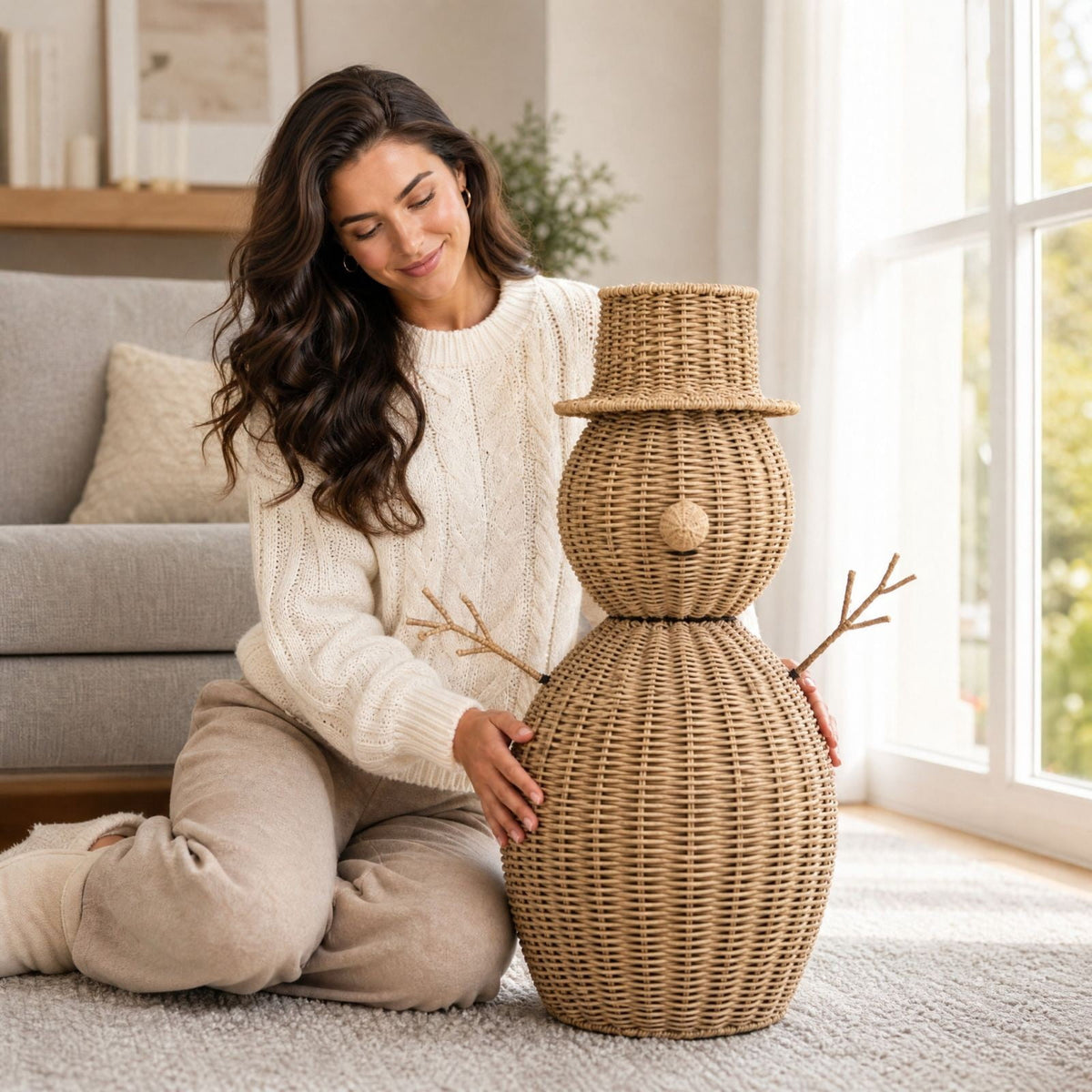 FeiBiQiuBi 14.9" Resin Rattan Style Snowman, Rustic Snowman Decorations with Bow, Woven Natural Style Freestanding Design Winter Farmhouse Decor for Home Kitchen Garden, Holiday Table Mantel Decor