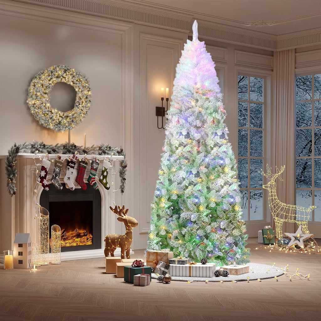 4.5/6/7.5/9 ft Flocked Pencil Christmas Tree with 100 Lights, Pre Lit Tall Skinny Christmas Tree with PVC Branch Tips, Premium Hinged Xmas Tree with Metal Base, Slim Artificial Christmas Tree