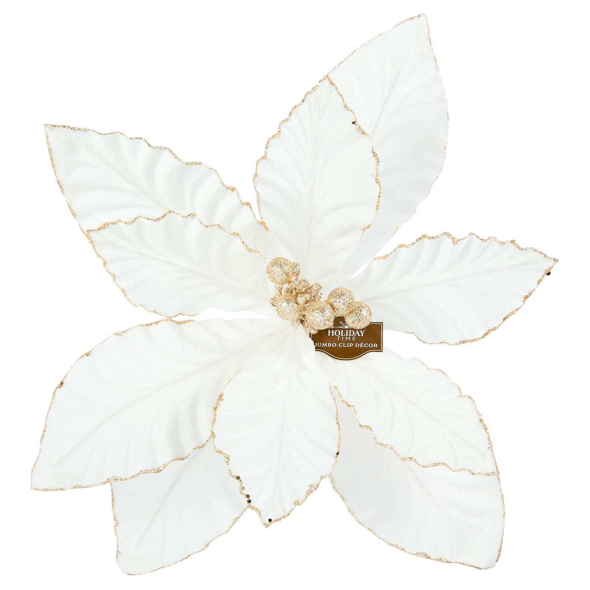 White and Gold Velvet Poinsettia Christmas Clip Ornament, 20", by Holiday Time