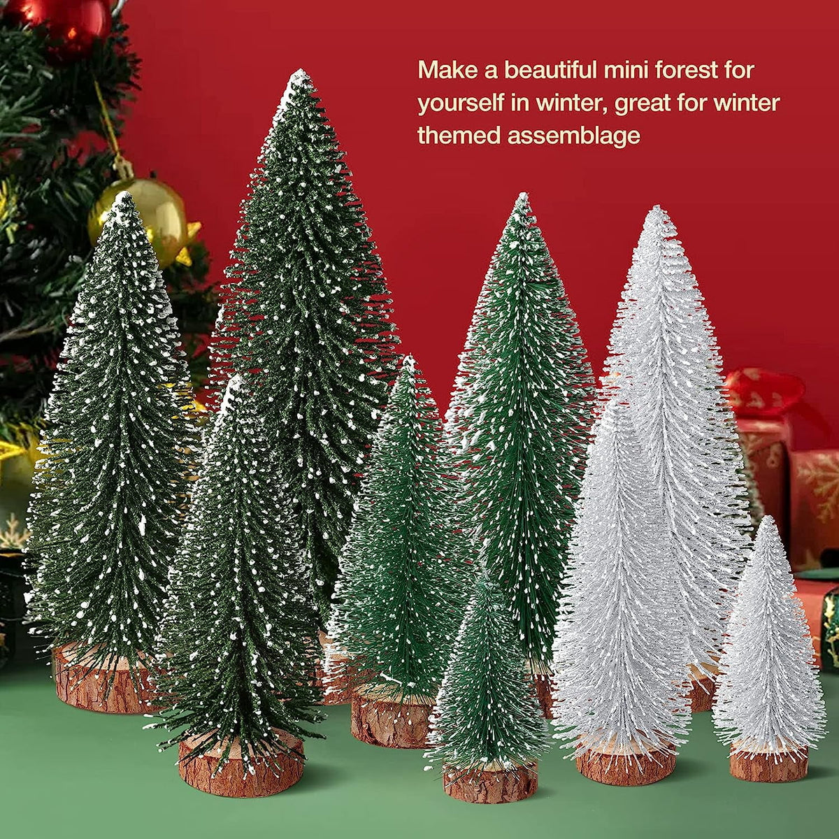 Ayieyill 9Pcs Mini Christmas Trees Christmas Decor Artificial Christmas Decorations with 4 Sizes, Christmas Tree Bottle Brush Trees Christmas Table Decorations (Pink+White)