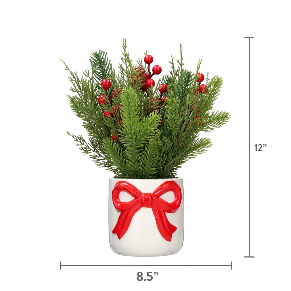 Greenery and Berries Christmas Arrangement in Ceramic Pot, Green/Red/White, 12", by Holiday Time