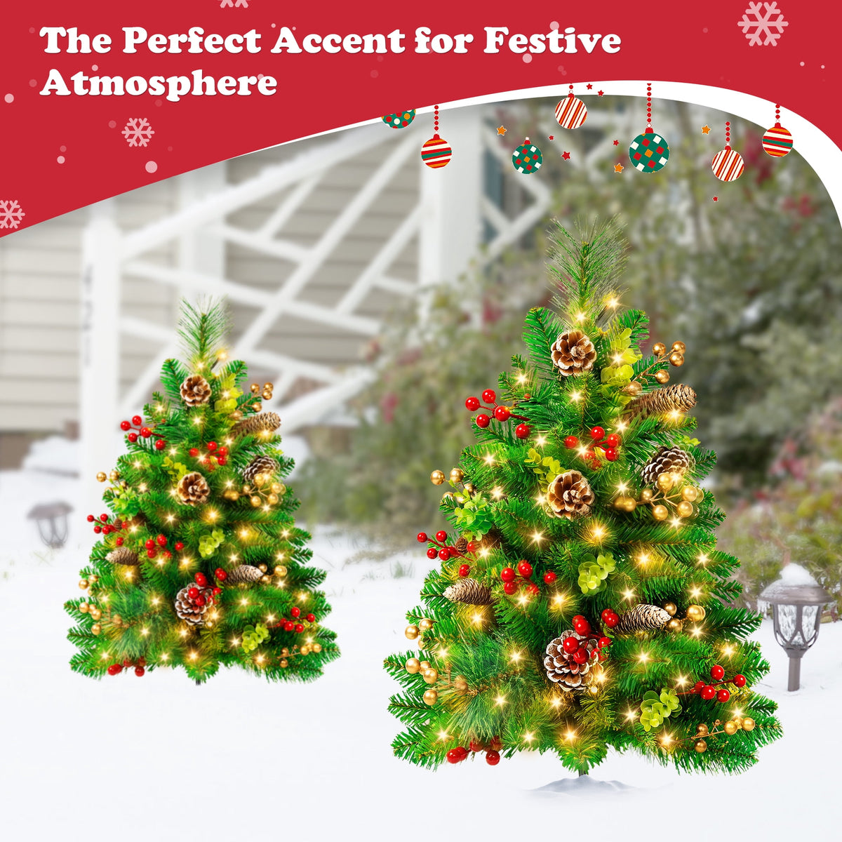 Yexmas 2PCS Small Outdoor Christmas Trees with LED Lights,30" Artificial Xmas Decora for Porch,Yard,Pathway,Garden,PVC