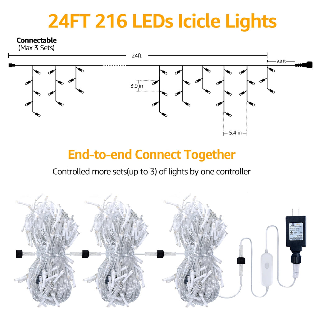 Ollny 24ft 216 LED Icicle Lights for Outside, 8 Lighting Modes 3 Timing Waterproof Icicle Christmas Lights Indoor Outdoor Decorations, White