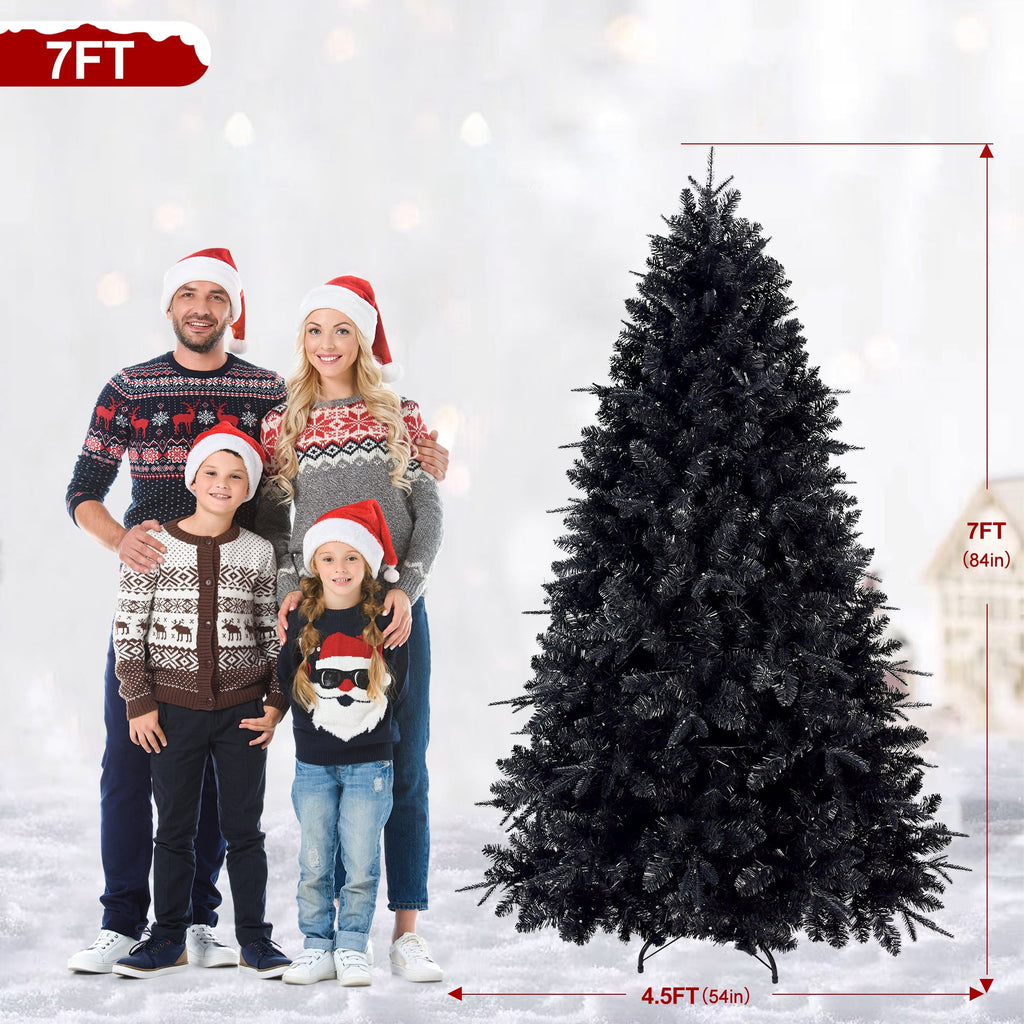 Maylaviu 7FT Gothic Black Christmas Tree, 450 Cold White Lights, 1916 Full Tips, Halloween & Holiday Party Decor, Sturdy Metal Stand
