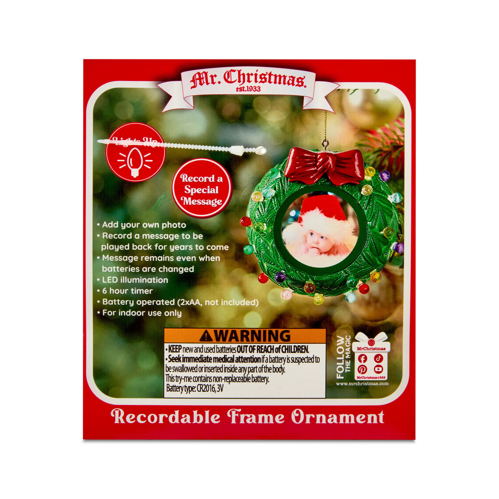 Mr. Christmas Recordable Picture Frame Wreath Ornament, Green