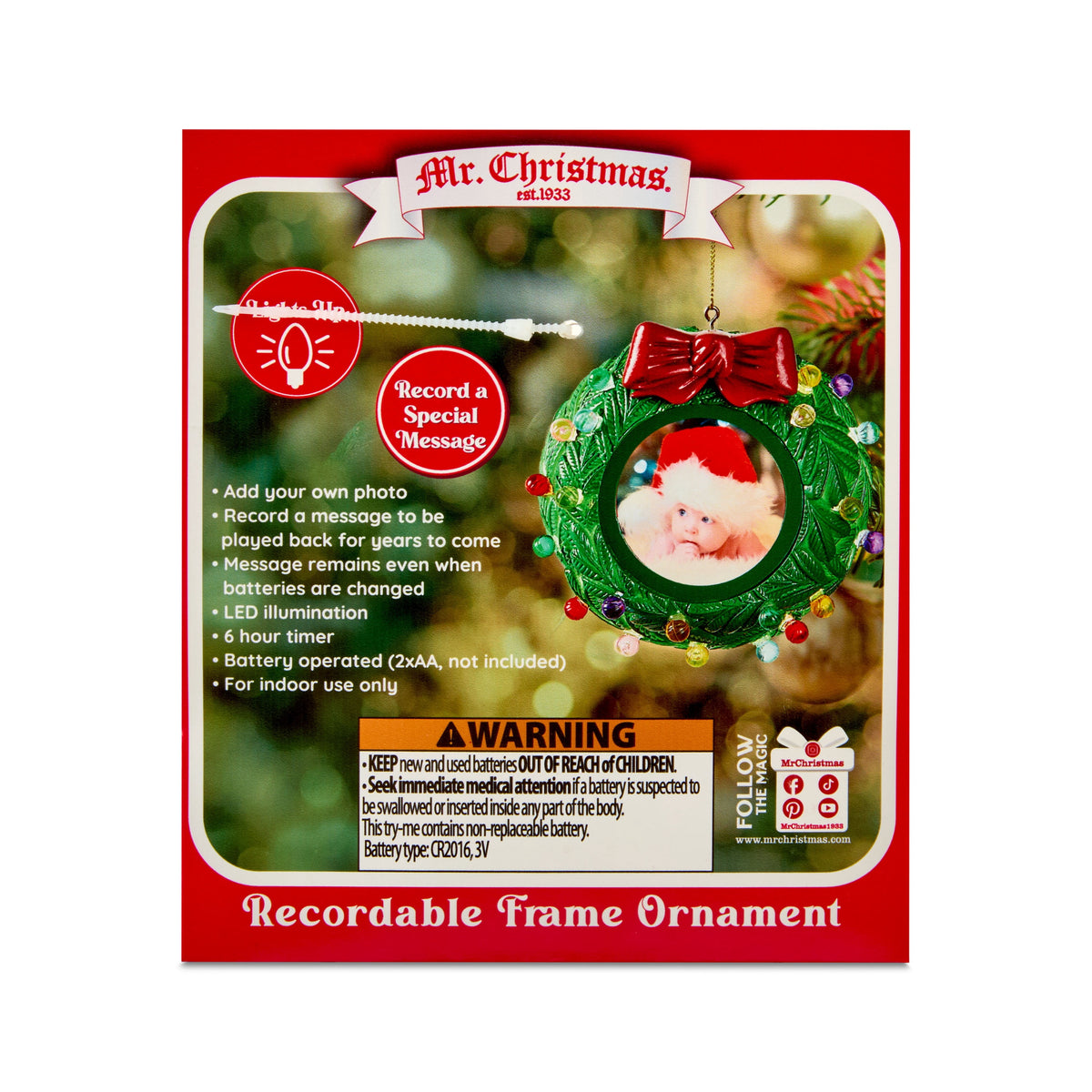Mr. Christmas Recordable Picture Frame Wreath Ornament, Green