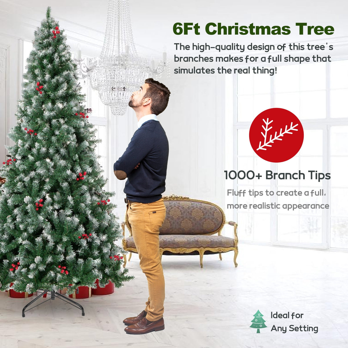 6FT Pre-Decorated Artificial Christmas Tree w/ 800 PVC Branch Tips, Red Berries for Home Office Party Decoration, Partially Flocked Design Xmas Trees w/ Dense Branches & Metal Stand