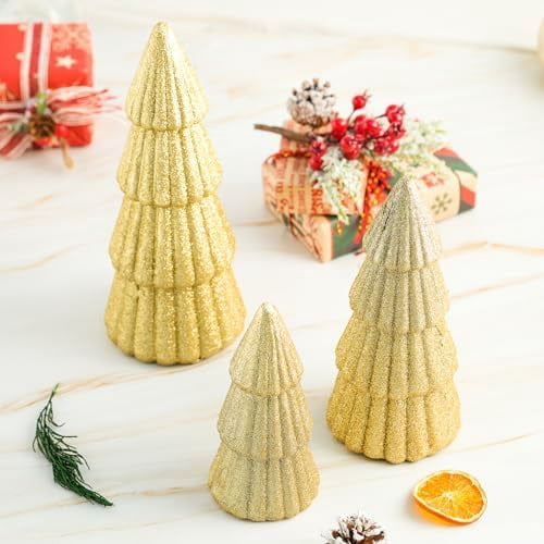 3Pcs Artificial Christmas Tree Decorations Glittering Foam Tabletop Xmas Tree Modern Christmas Centerpiece Decor for for Table Mantel Home Holiday Party Decor(Gold)