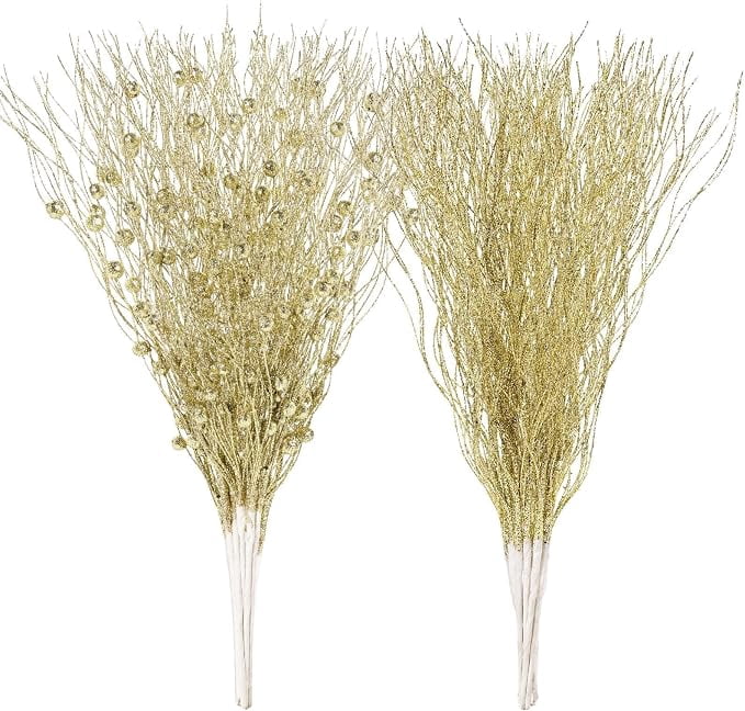 16 Piece Artificial Glitter Berry Stems 17 Inch Gold Christmas Tree Picks