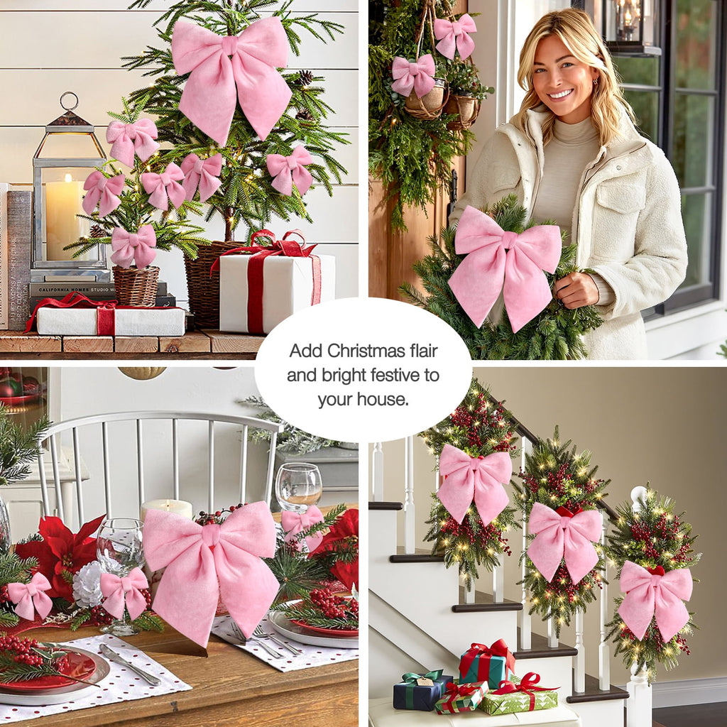 Ayieyill 13 Pack Coquette Pink Bows for Christmas Tree, Large Velvet Christmas Bows for Wreaths Tree Fireplace Indoor Decor