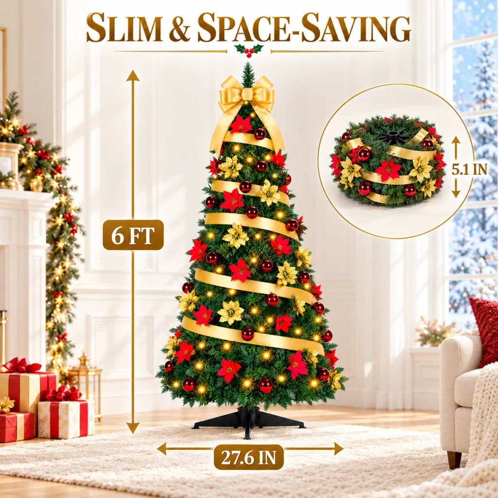 SUGIFT 6ft Pop-Up Pencil Christmas Tree, 200 LED Lights, 8 Modes, 100 Ornaments, Gold Bow, Easy Setup
