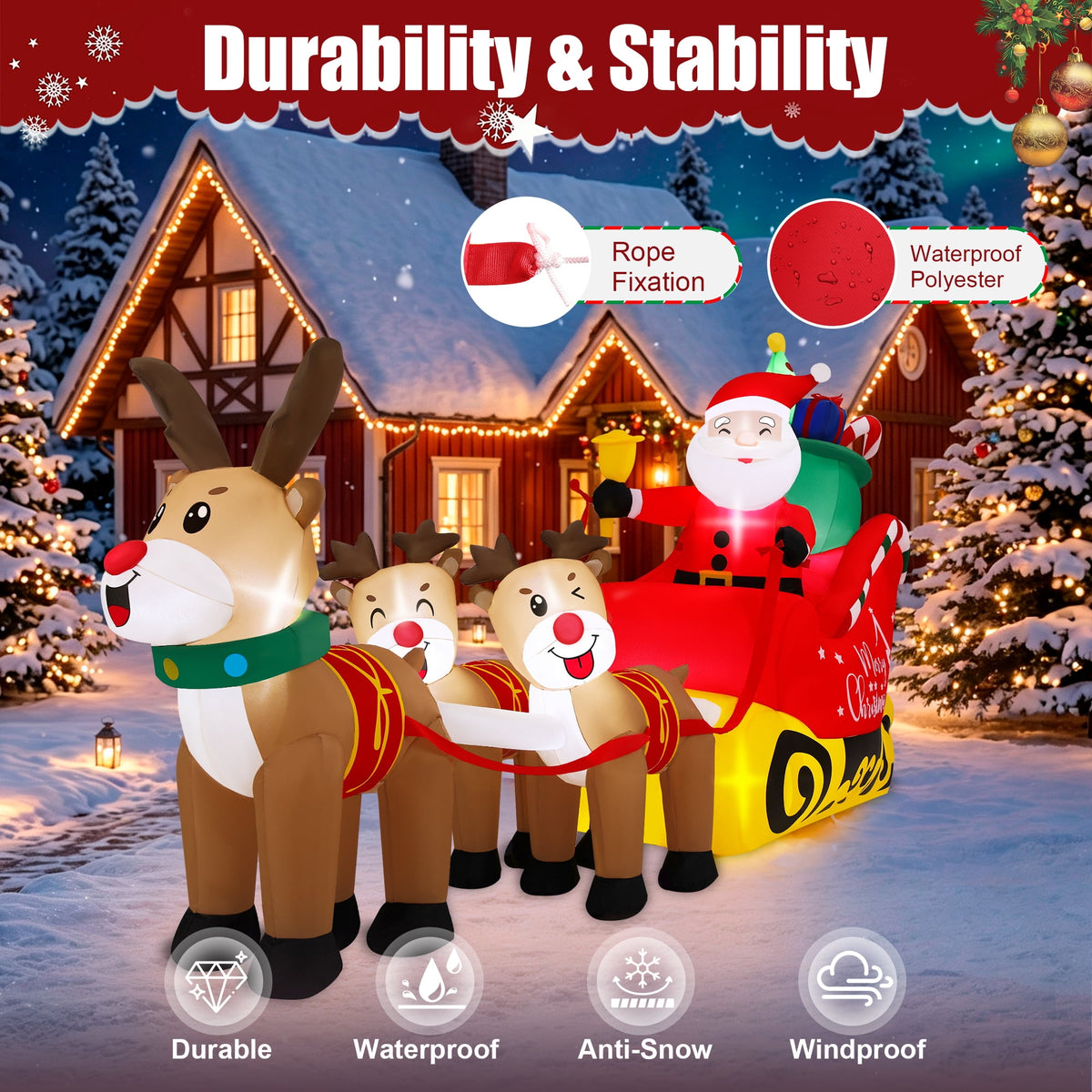 Firstness 8ft Christmas Inflatables Santa Claus on Sleigh with 3 Reindeer Xmas Blow ups with LED Lights Outdoor Yard Lawn Decoration