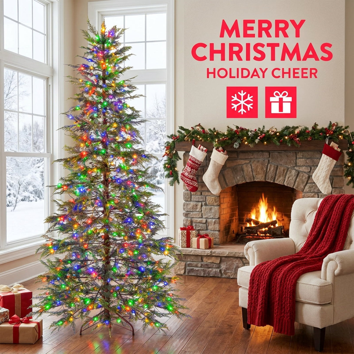 RUIE 7.5 FT Pre-Lit Christmas Tree, Artificial Xmas Tree with 500 Colorful LED Lights & 8 Modes
